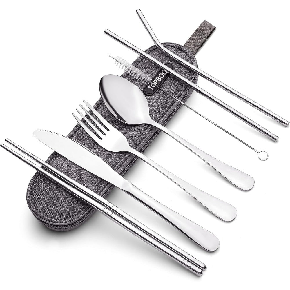 Portable Stainless Steel Flatware Set, Travel Camping Cutlery, Portable Utensil Silverware Dinnerware Set with a Case (Black)