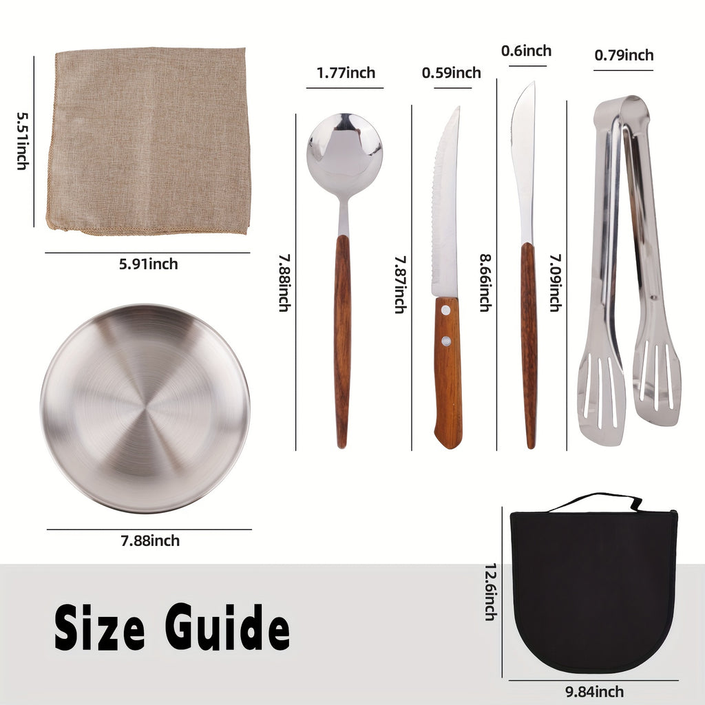 New Wood Grain Handle Tableware Mess Kit Cutlery For 2 Dinnerware Set - 12pcs Stainless Steel Utensils Set With Plate Spoon Fork Serrated Knife Cloth Napkins For 2, Backpacking, Outdoor Hiking Picnic