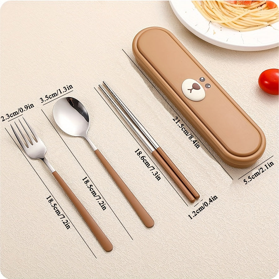 Portable Cutlery Set with Box, 2pcs Set and 3pcs Set Stainless Steel Reusable Tableware, with Fork, Spoon and Chopsticks Lunch Box, Cute Cartoon Pig, Little Duck, Bear Style Storage Box, Suitable for Lunch, Camping, School, Picnic, Workplace and Travel