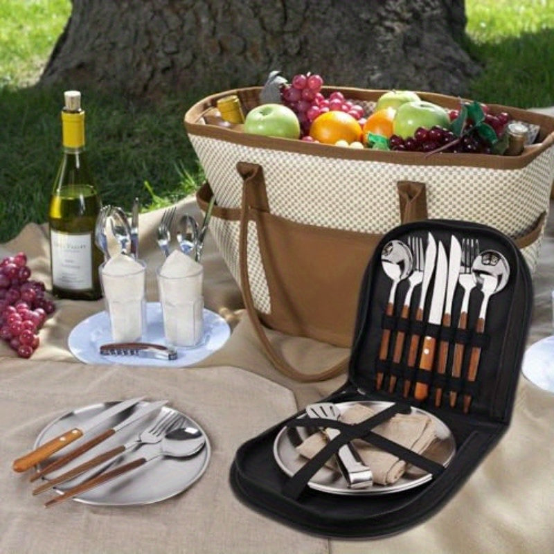 New Wood Grain Handle Tableware Mess Kit Cutlery for 2 Dinnerware Set 12pcs Stainless Steel Utensils Set with Plate Spoon Fork Serrated Knife Cloth Napkins for 2Backpacking Outdoor Hiking Picnic
