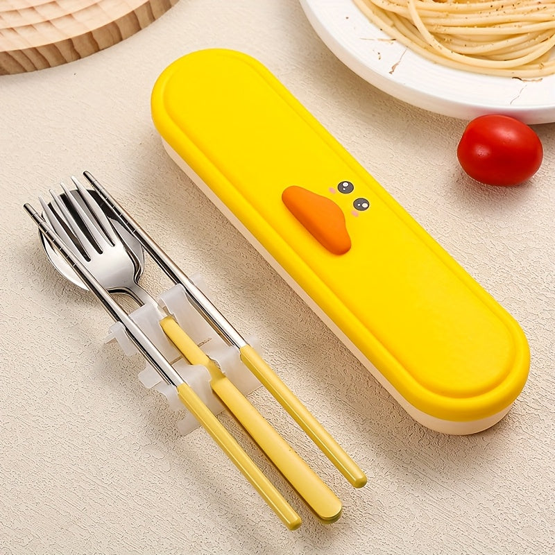 Portable Cutlery Set with Box, 2pcs Set and 3pcs Set Stainless Steel Reusable Tableware, with Fork, Spoon and Chopsticks Lunch Box, Cute Cartoon Pig, Little Duck, Bear Style Storage Box, Suitable for Lunch, Camping, School, Picnic, Workplace and Travel