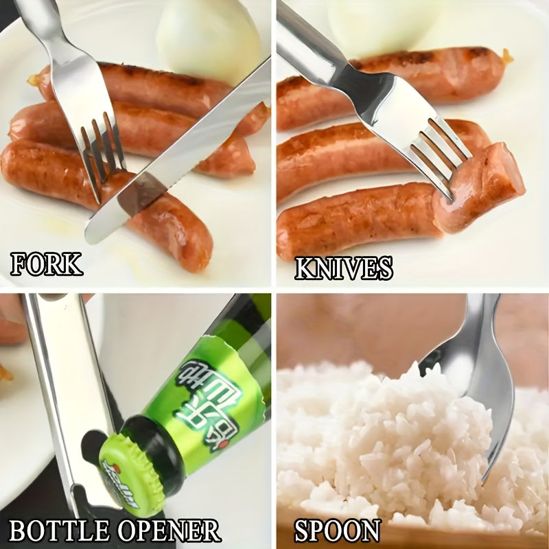 Personalized And Travel Friendly Stainless Steel Outdoor Cutlery Set with Knife, Fork, And Spoon - Including Bottle Opener, Four in One Stainless Steel Portable Camping And Travel Gear in Vintage Golden And Silvery Color