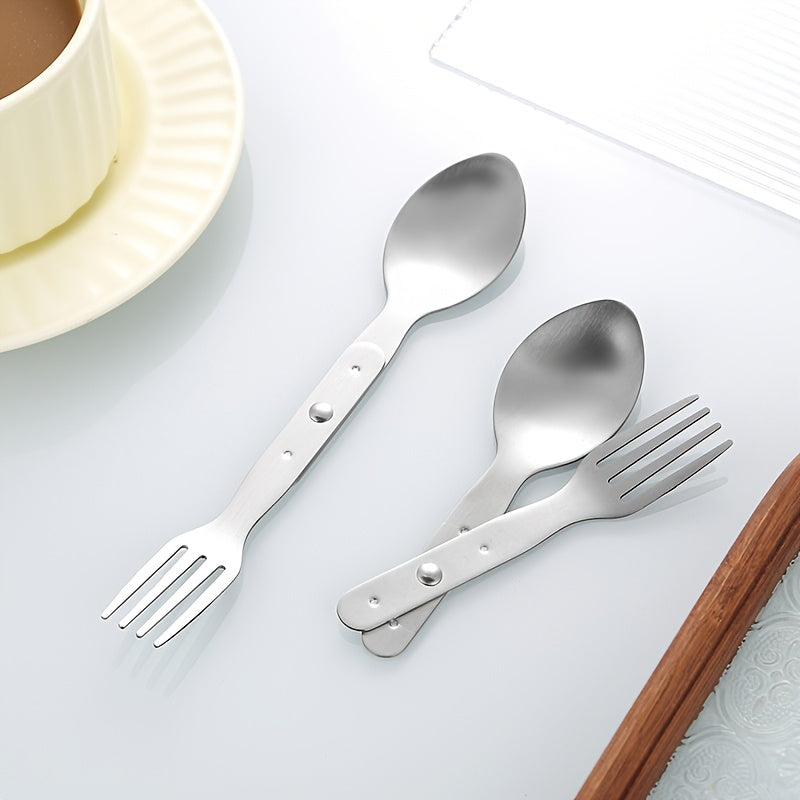 2pcs set, 2-in-1 multifunctional stainless steel cutlery with folding spoon and fork combo, perfect for hiking, camping, or backpacking trips