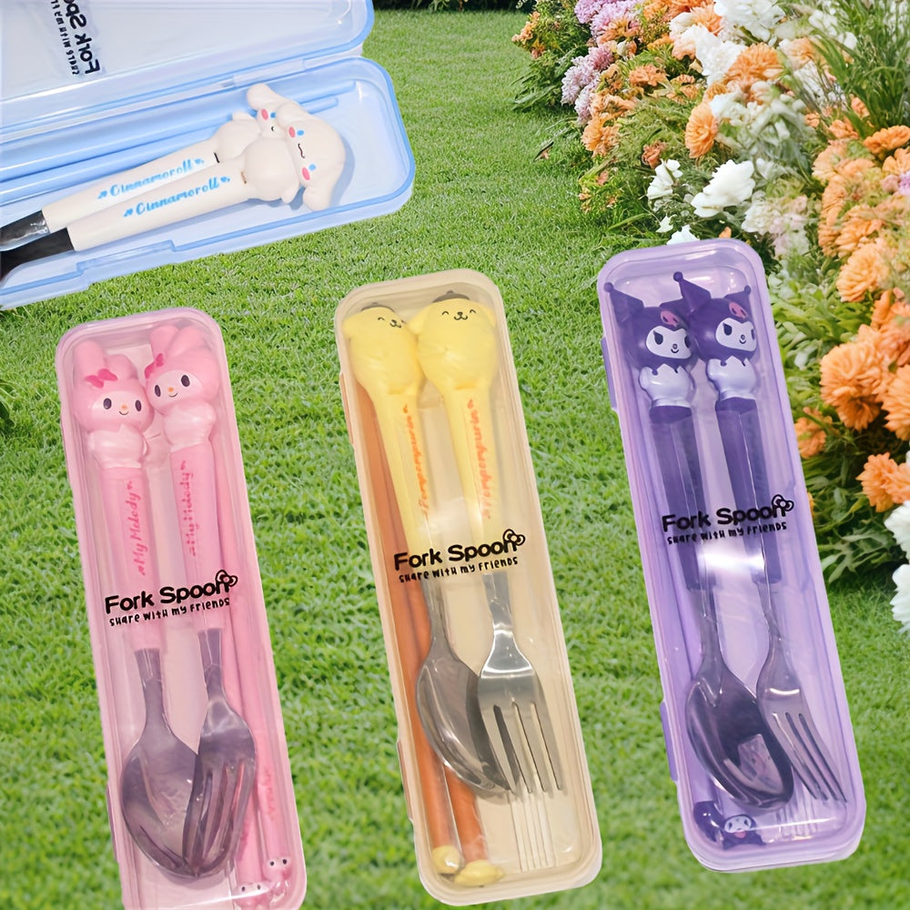 "SANRIO" 2pcs Stainless Steel Portable Cutlery Set, Cute Cartoon Cutlery Spoon And Fork, Outdoor Travel Spoon, Daily Office Or Home Essential Practical Items, Travel Portable, School Supplies, Student Prizes, Birthday Gifts, Easter
