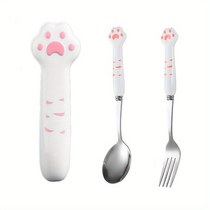 2pcs Stainless Steel Outdoor Cutlery Set - Portable, Reusable Fork & Spoon with Cute Cat Claw Box for Camping, Picnics & Travel
