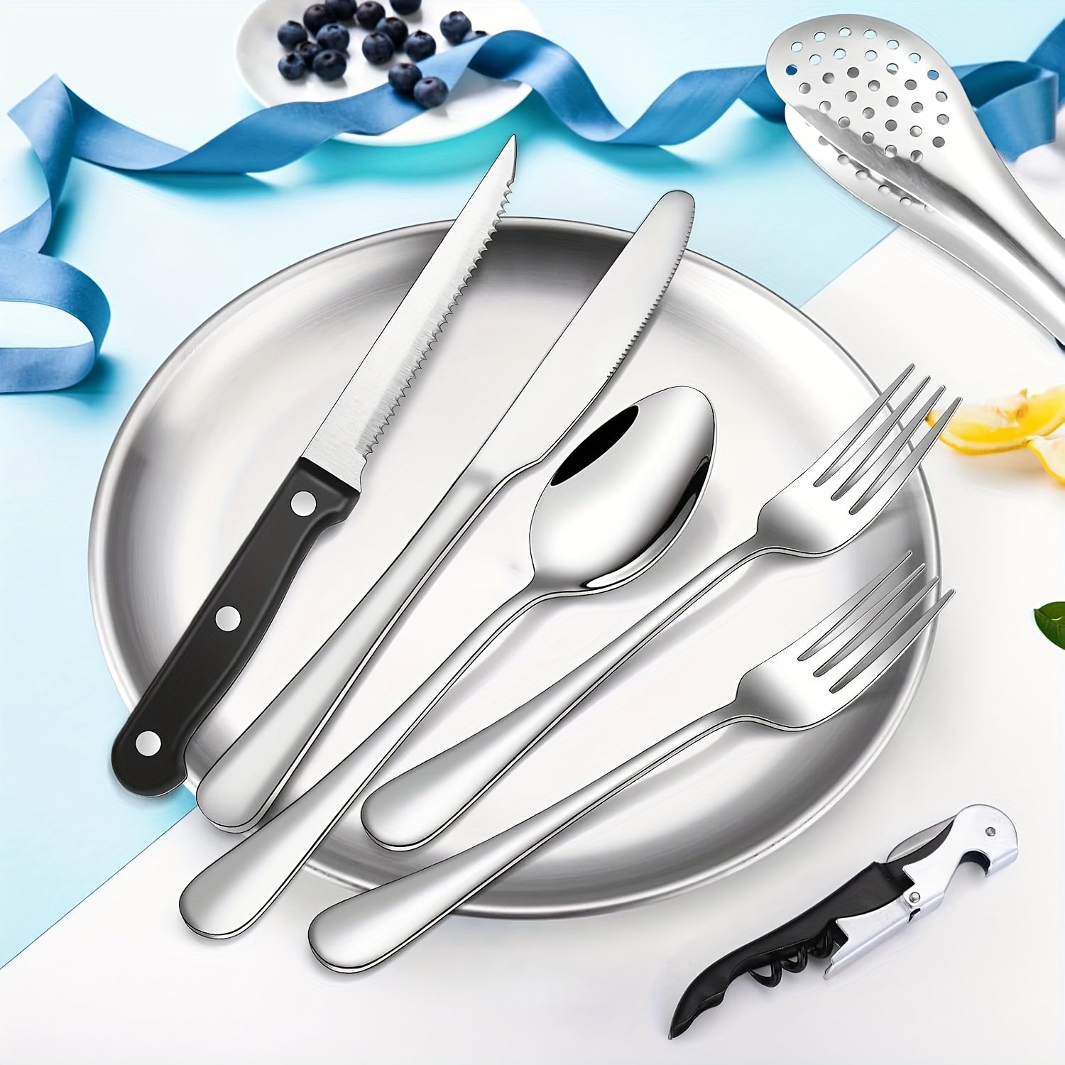 [Personalized Camping Set] Stainless Steel Personalized Camping Silverware Set | Knives, Forks, Spoons, Plates, Cutlery Storage Bags, Picnic Set, Plate Spoon Clip & Serrated Knife Bottle Opener - Golden and Silvery, Perfect for Thanksgiving