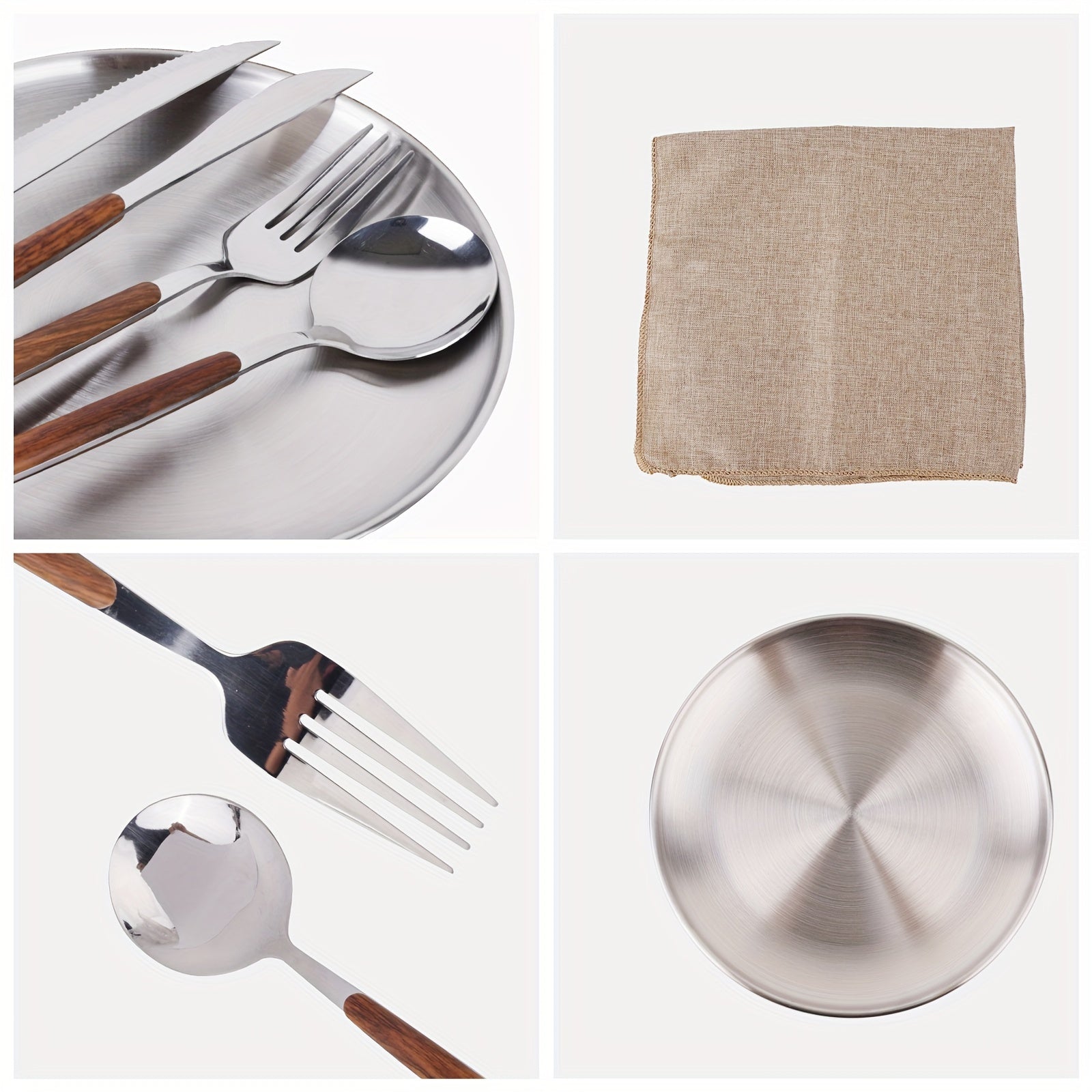 New Wood Grain Handle Tableware Mess Kit Cutlery For 2 Dinnerware Set - 12pcs Stainless Steel Utensils Set With Plate Spoon Fork Serrated Knife Cloth Napkins For 2, Backpacking, Outdoor Hiking Picnic