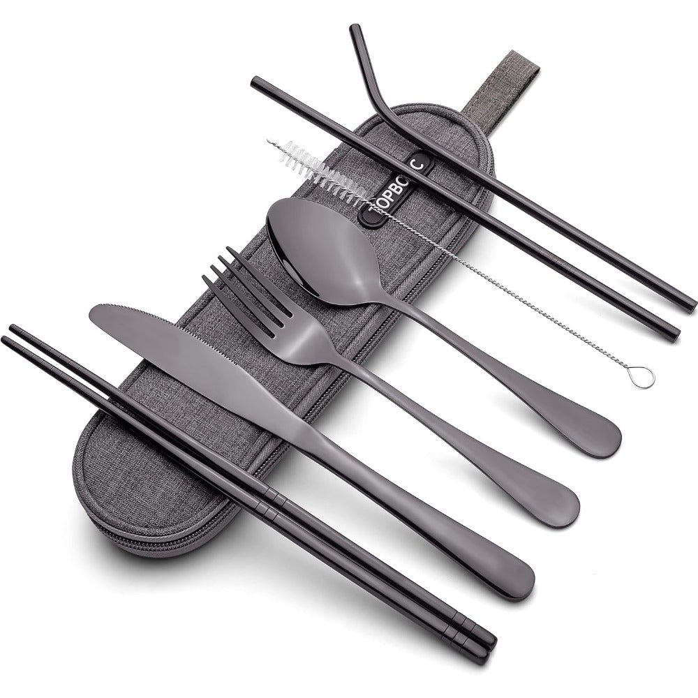 Portable Stainless Steel Flatware Set, Travel Camping Cutlery, Portable Utensil Silverware Dinnerware Set with a Case (Black)