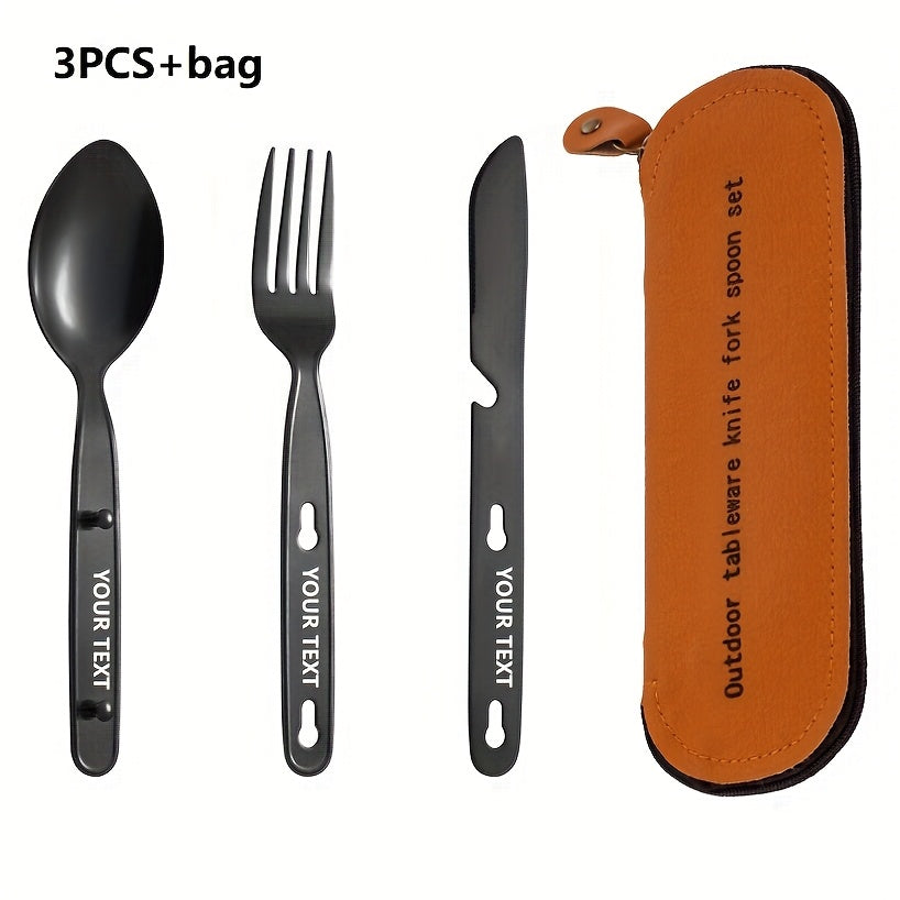 Customize your text, name 3pcs set+bag Silvery, black, Golden, colored stainless steel tableware knife, fork, spoon set outdoor portable Western food knife, fork, picnic knife, knife, fork, spoon that can be fastened together, can open bottles