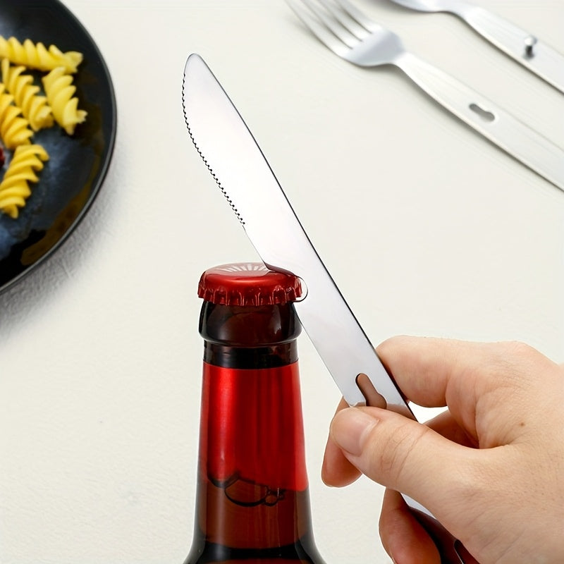 Customize your text, name 3pcs set+bag Silvery, black, Golden, colored stainless steel tableware knife, fork, spoon set outdoor portable Western food knife, fork, picnic knife, knife, fork, spoon that can be fastened together, can open bottles