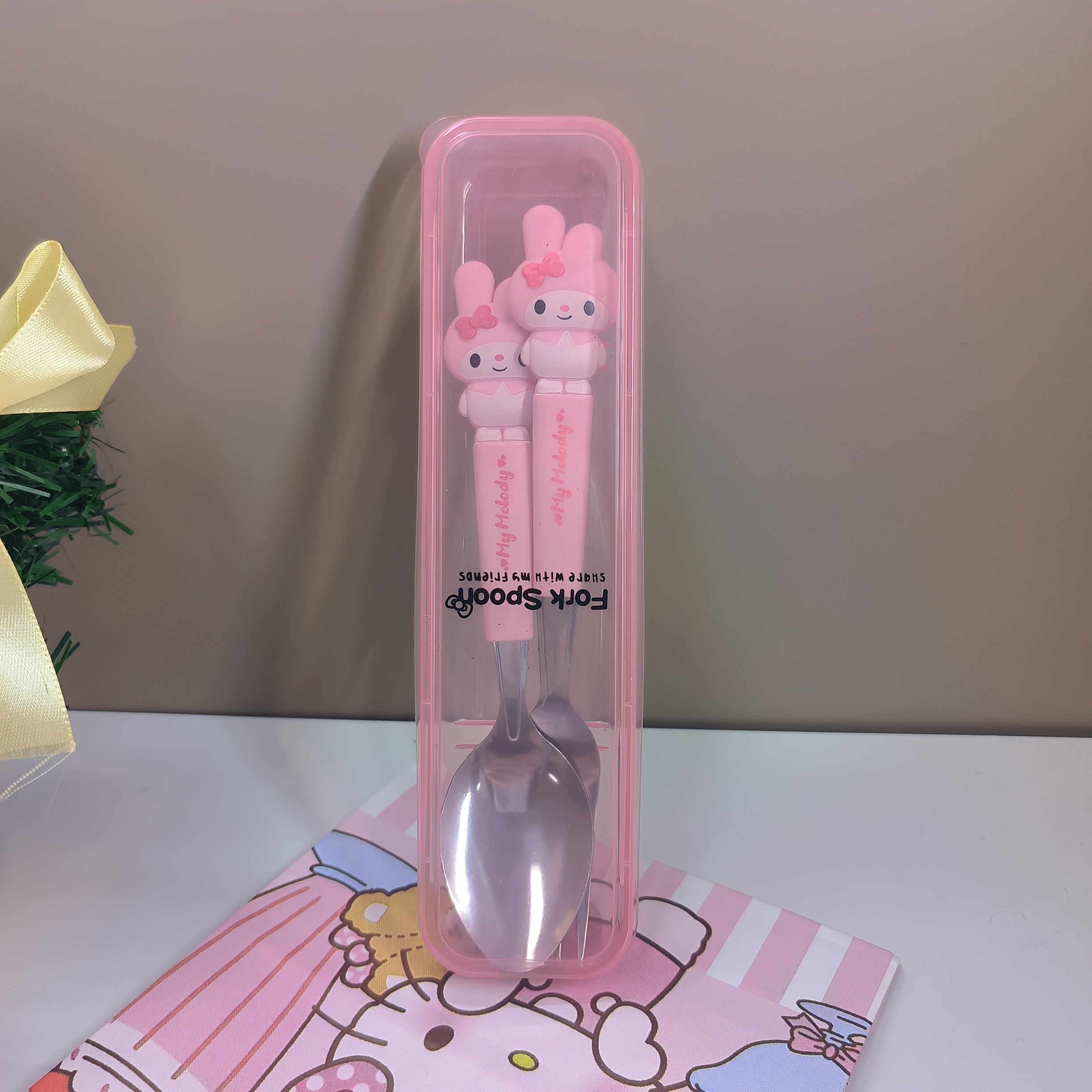 "SANRIO" 2pcs Stainless Steel Portable Cutlery Set, Cute Cartoon Cutlery Spoon And Fork, Outdoor Travel Spoon, Daily Office Or Home Essential Practical Items, Travel Portable, School Supplies, Student Prizes, Birthday Gifts, Easter