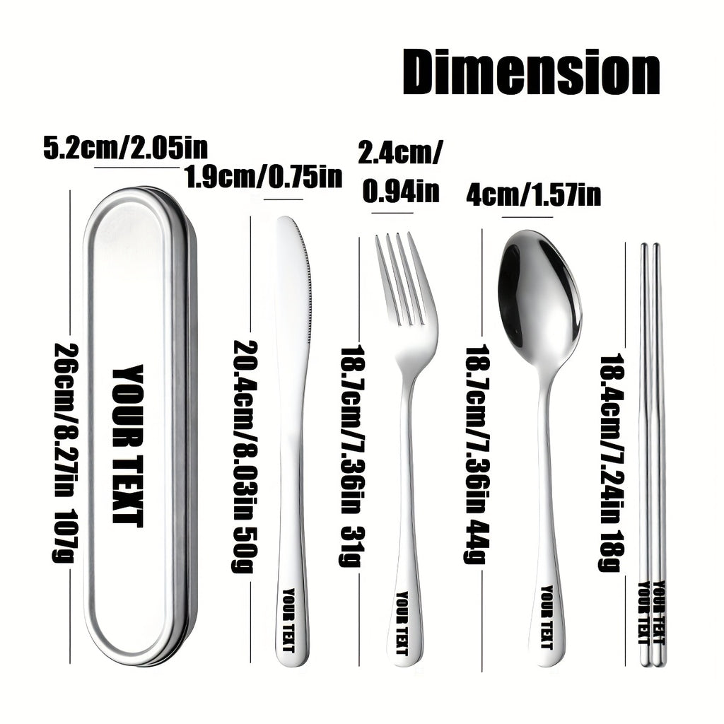 Customize your text with a 3/4pcs 304 Silvery stainless steel knives, forks, spoons, and portable cutlery boxes. The silverware set is easy to store, not damaged, and suitable for going out, picnicking, camping, outdoor activities, and school season