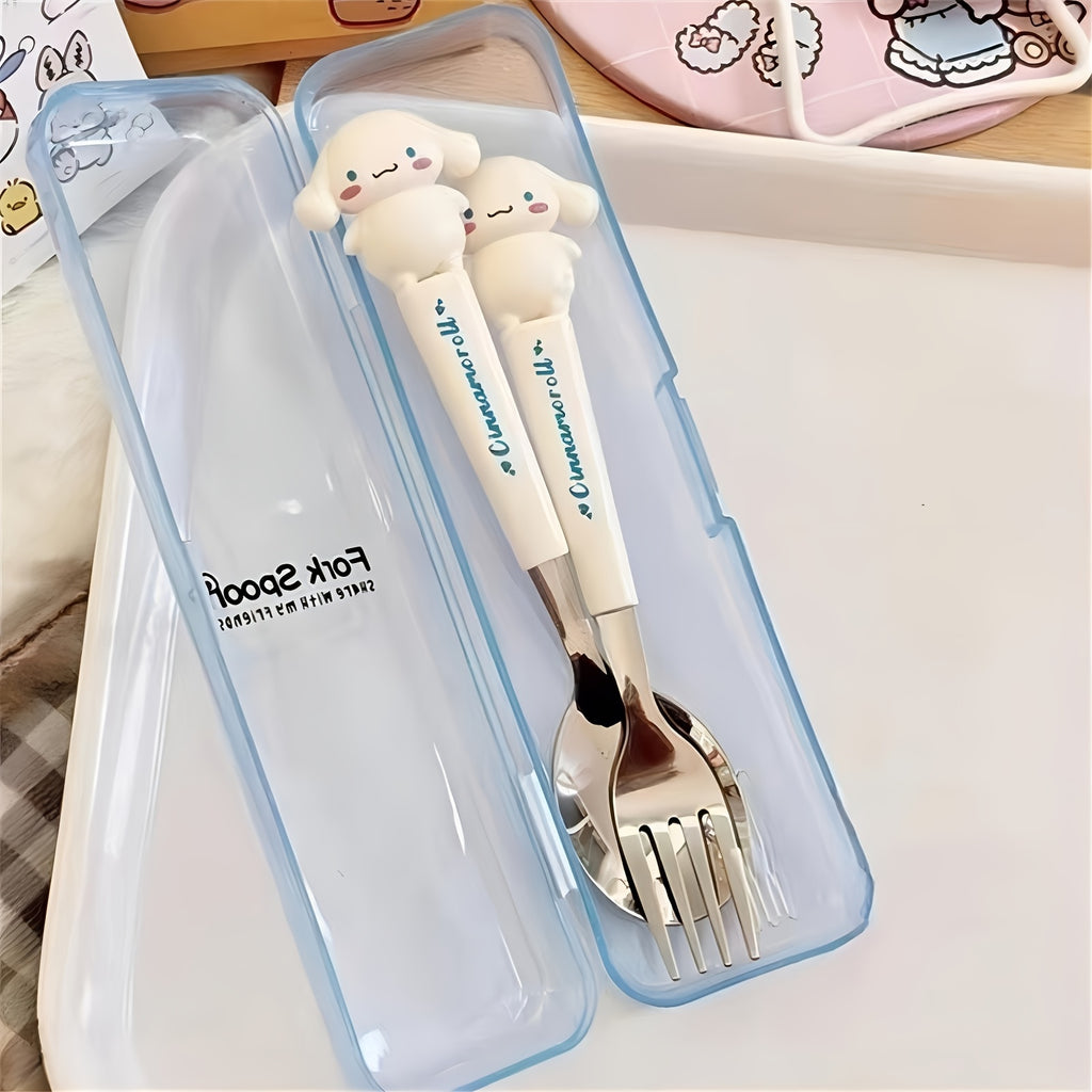"SANRIO" 2pcs Stainless Steel Portable Cutlery Set, Cute Cartoon Cutlery Spoon And Fork, Outdoor Travel Spoon, Daily Office Or Home Essential Practical Items, Travel Portable, School Supplies, Student Prizes, Birthday Gifts, Easter