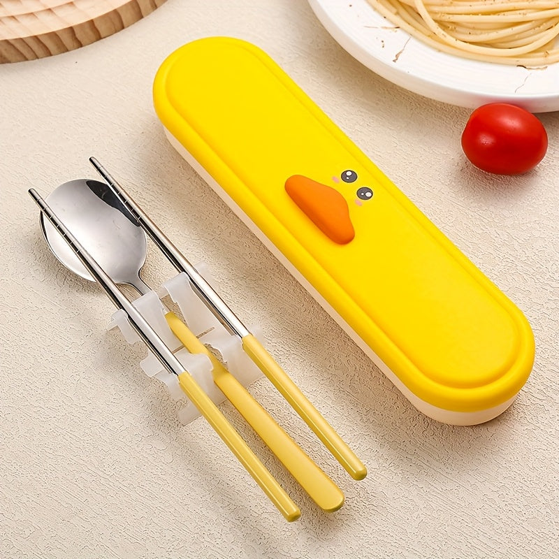 Portable Cutlery Set with Box, 2pcs Set and 3pcs Set Stainless Steel Reusable Tableware, with Fork, Spoon and Chopsticks Lunch Box, Cute Cartoon Pig, Little Duck, Bear Style Storage Box, Suitable for Lunch, Camping, School, Picnic, Workplace and Travel