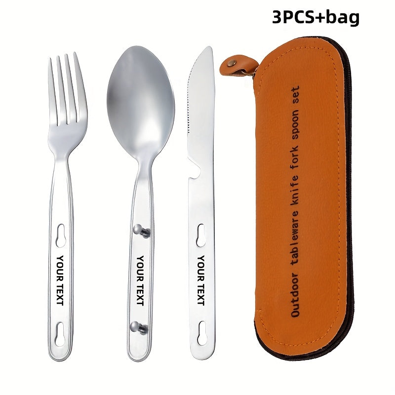 Customize your text, name 3pcs set+bag Silvery, black, Golden, colored stainless steel tableware knife, fork, spoon set outdoor portable Western food knife, fork, picnic knife, knife, fork, spoon that can be fastened together, can open bottles