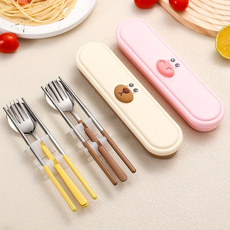 Portable Cutlery Set with Box, 2pcs Set and 3pcs Set Stainless Steel Reusable Tableware, with Fork, Spoon and Chopsticks Lunch Box, Cute Cartoon Pig, Little Duck, Bear Style Storage Box, Suitable for Lunch, Camping, School, Picnic, Workplace and Travel