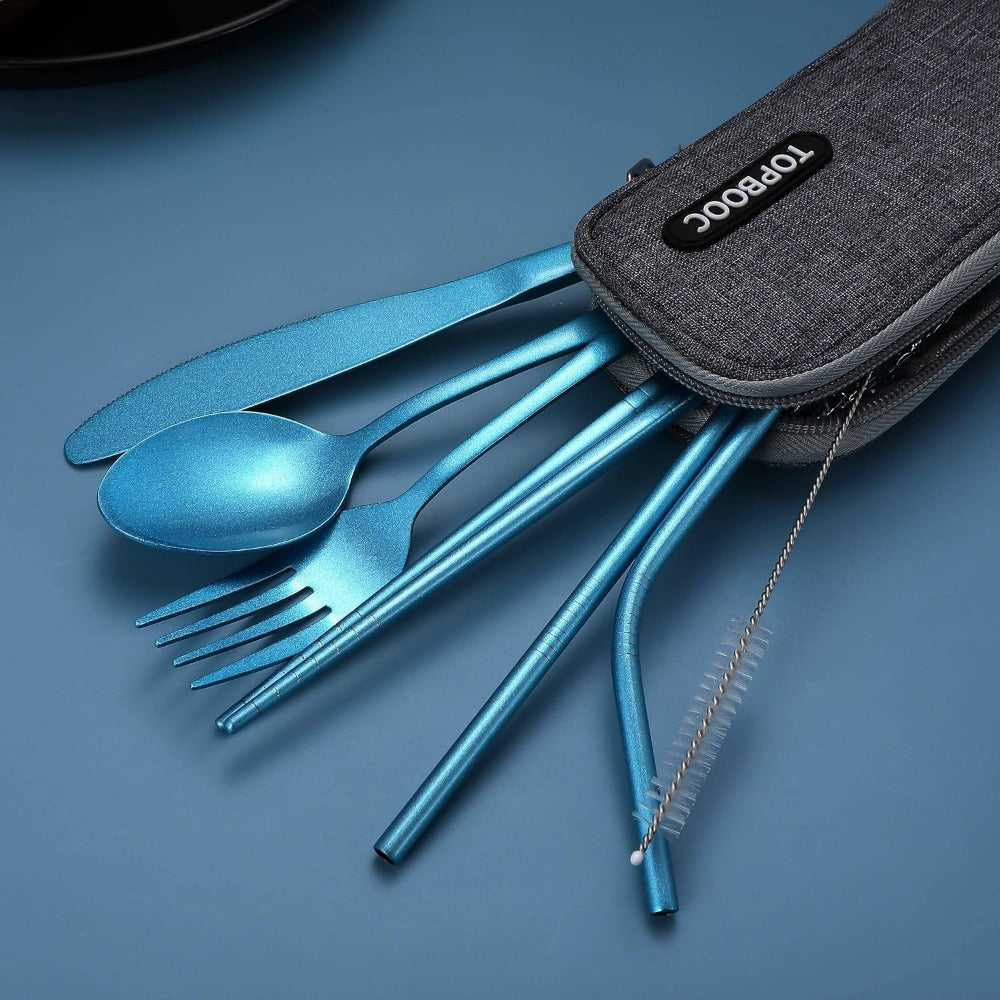 Portable Stainless Steel Flatware Set, Travel Camping Cutlery, Portable Utensil Silverware Dinnerware Set with a Case (Black)