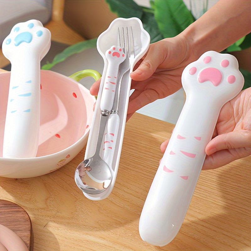 2pcs Stainless Steel Outdoor Cutlery Set - Portable, Reusable Fork & Spoon with Cute Cat Claw Box for Camping, Picnics & Travel