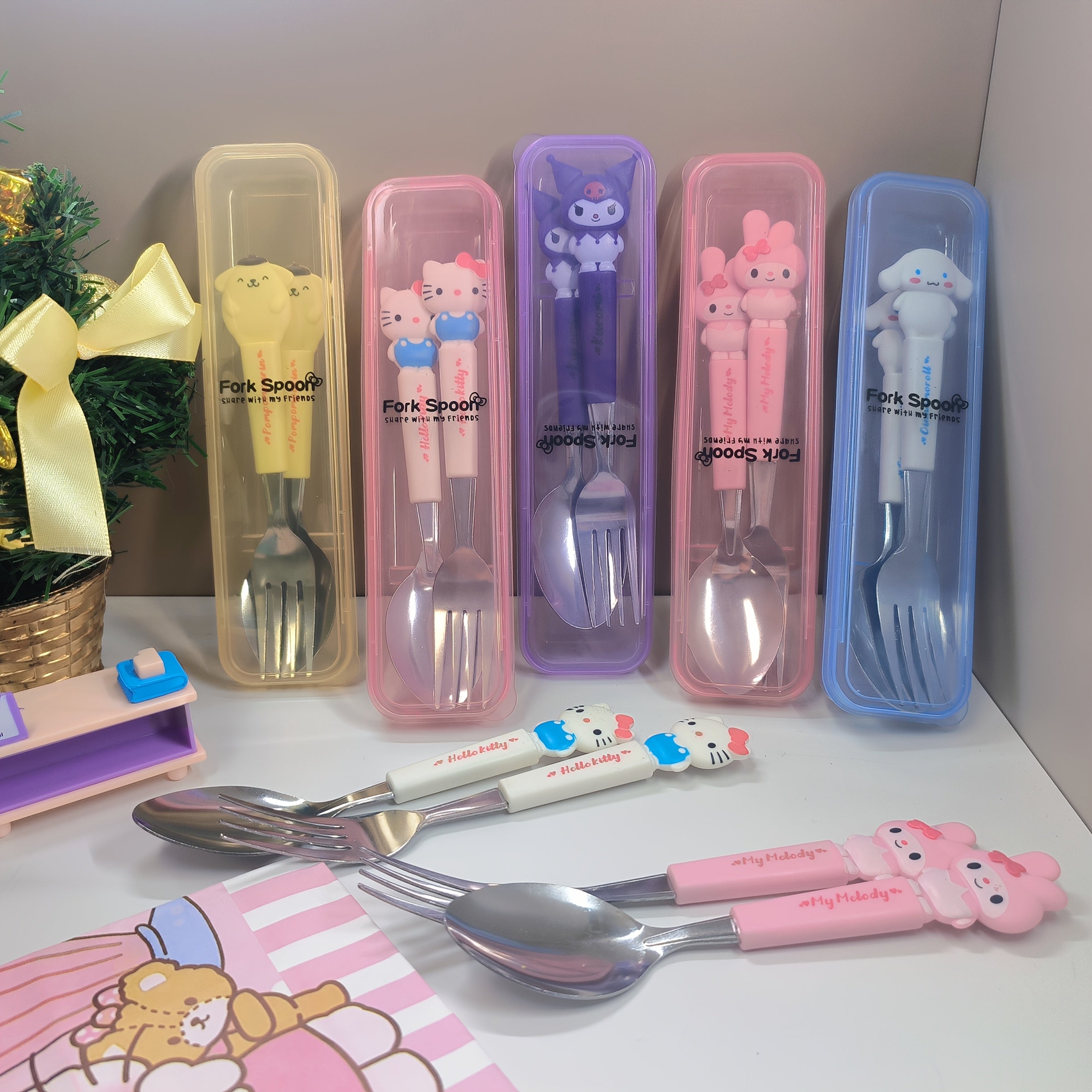 "SANRIO" 2pcs Stainless Steel Portable Cutlery Set, Cute Cartoon Cutlery Spoon And Fork, Outdoor Travel Spoon, Daily Office Or Home Essential Practical Items, Travel Portable, School Supplies, Student Prizes, Birthday Gifts, Easter