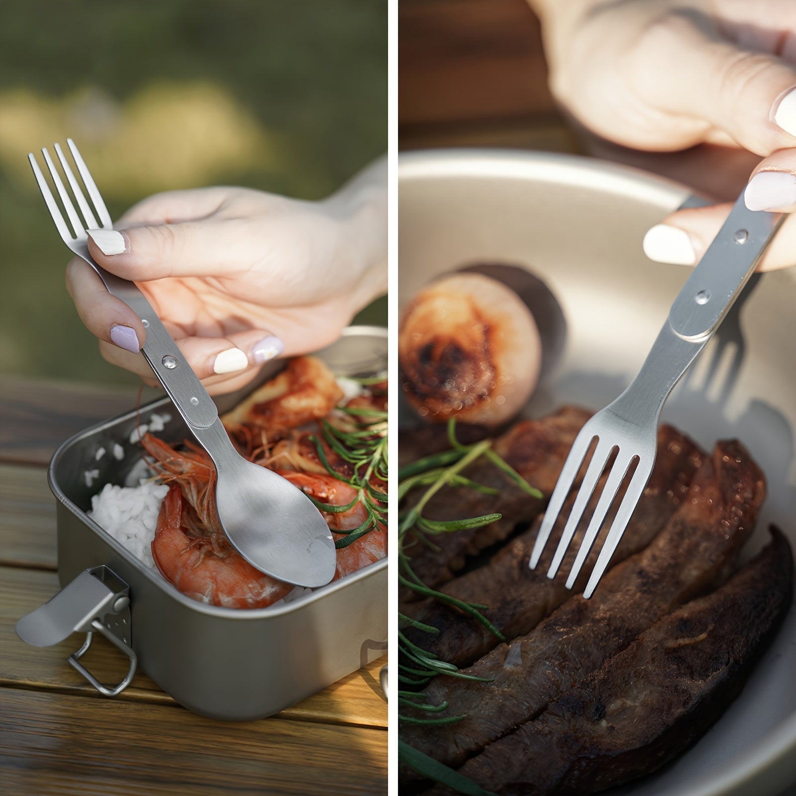 2pcs set, 2-in-1 multifunctional stainless steel cutlery with folding spoon and fork combo, perfect for hiking, camping, or backpacking trips