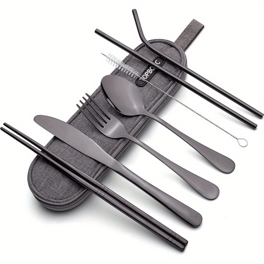 Portable Stainless Steel Flatware Set, Travel Camping Cutlery, Portable Utensil Silverware Dinnerware Set with a Case (Black)