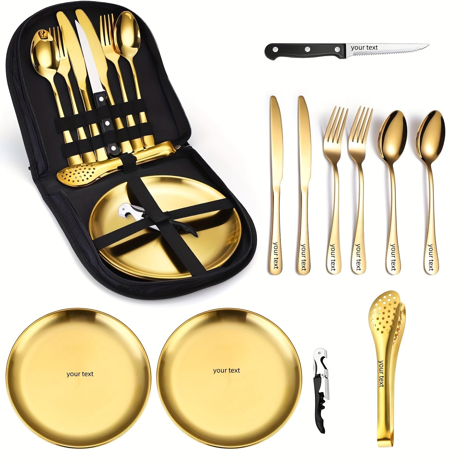 [Personalized Camping Set] Stainless Steel Personalized Camping Silverware Set | Knives, Forks, Spoons, Plates, Cutlery Storage Bags, Picnic Set, Plate Spoon Clip & Serrated Knife Bottle Opener - Golden and Silvery, Perfect for Thanksgiving