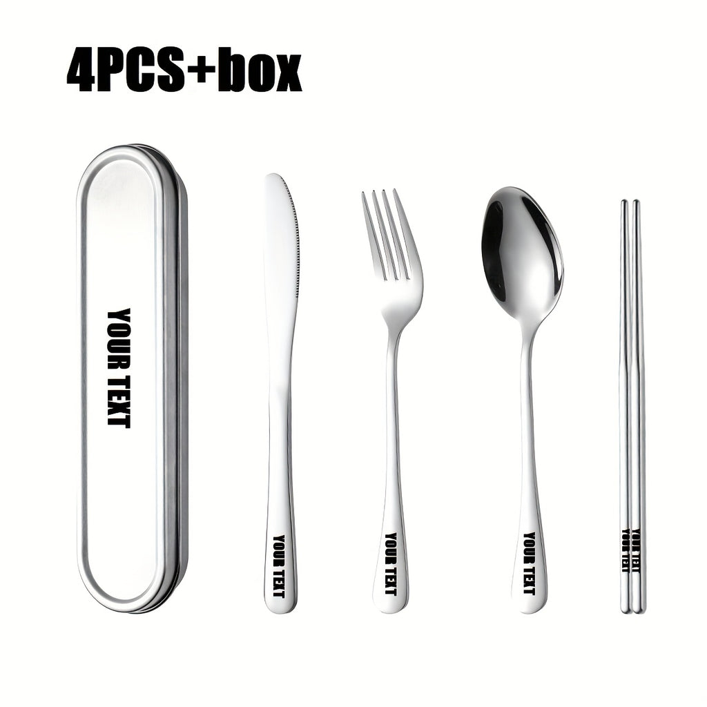 Customize your text with a 3/4pcs 304 Silvery stainless steel knives, forks, spoons, and portable cutlery boxes. The silverware set is easy to store, not damaged, and suitable for going out, picnicking, camping, outdoor activities, and school season
