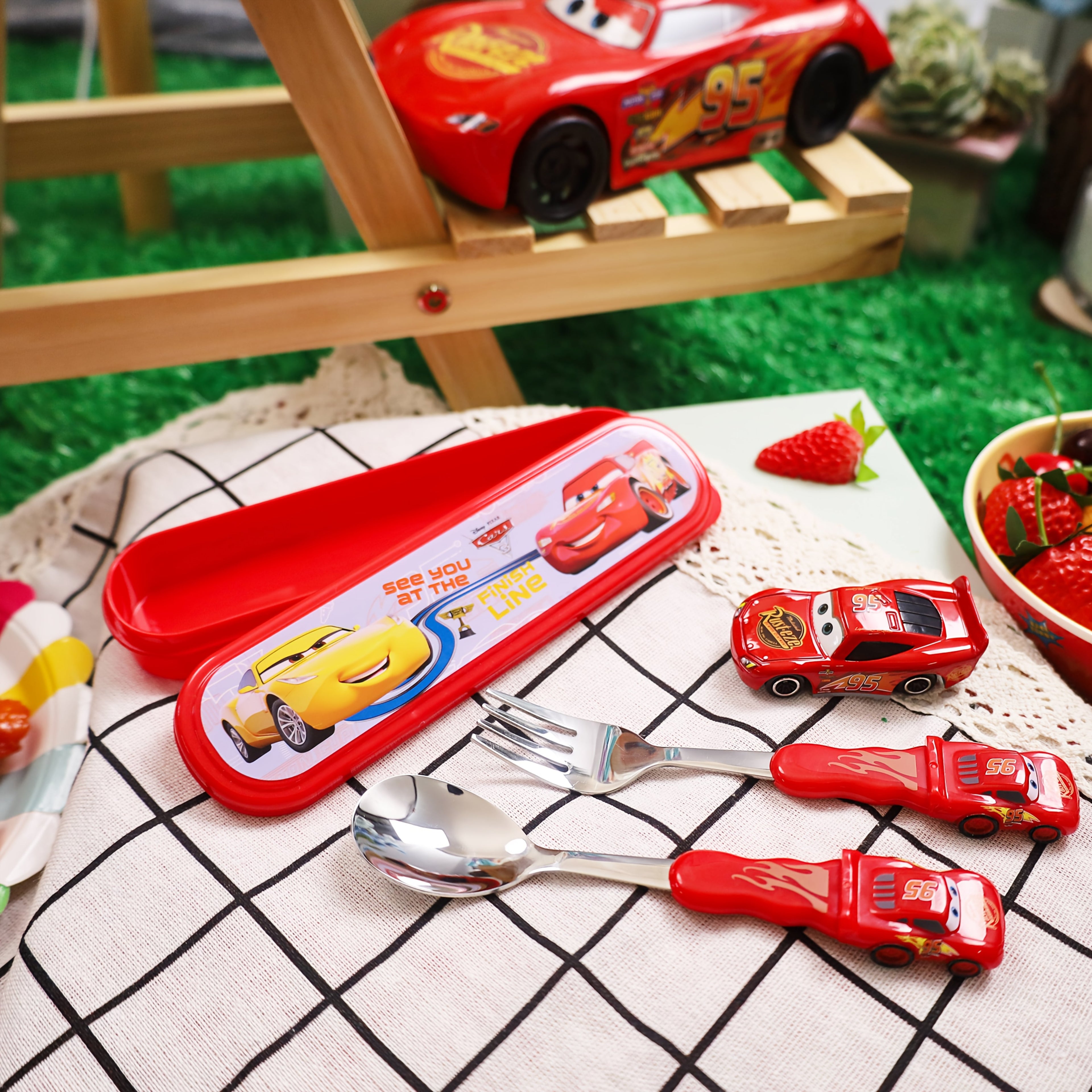[Cute Cars Tableware Set] Lightning McQueen Cars Stainless Steel Fork and Spoon Set with Box | Cartoon Cute Portable Reusable Tableware - Kawaii Home, Outdoor, School Supplies, Camping Accessories, Christmas Birthday Gift