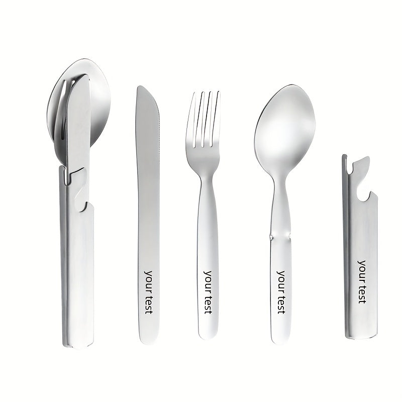 Personalized And Travel Friendly Stainless Steel Outdoor Cutlery Set with Knife, Fork, And Spoon - Including Bottle Opener, Four in One Stainless Steel Portable Camping And Travel Gear in Vintage Golden And Silvery Color
