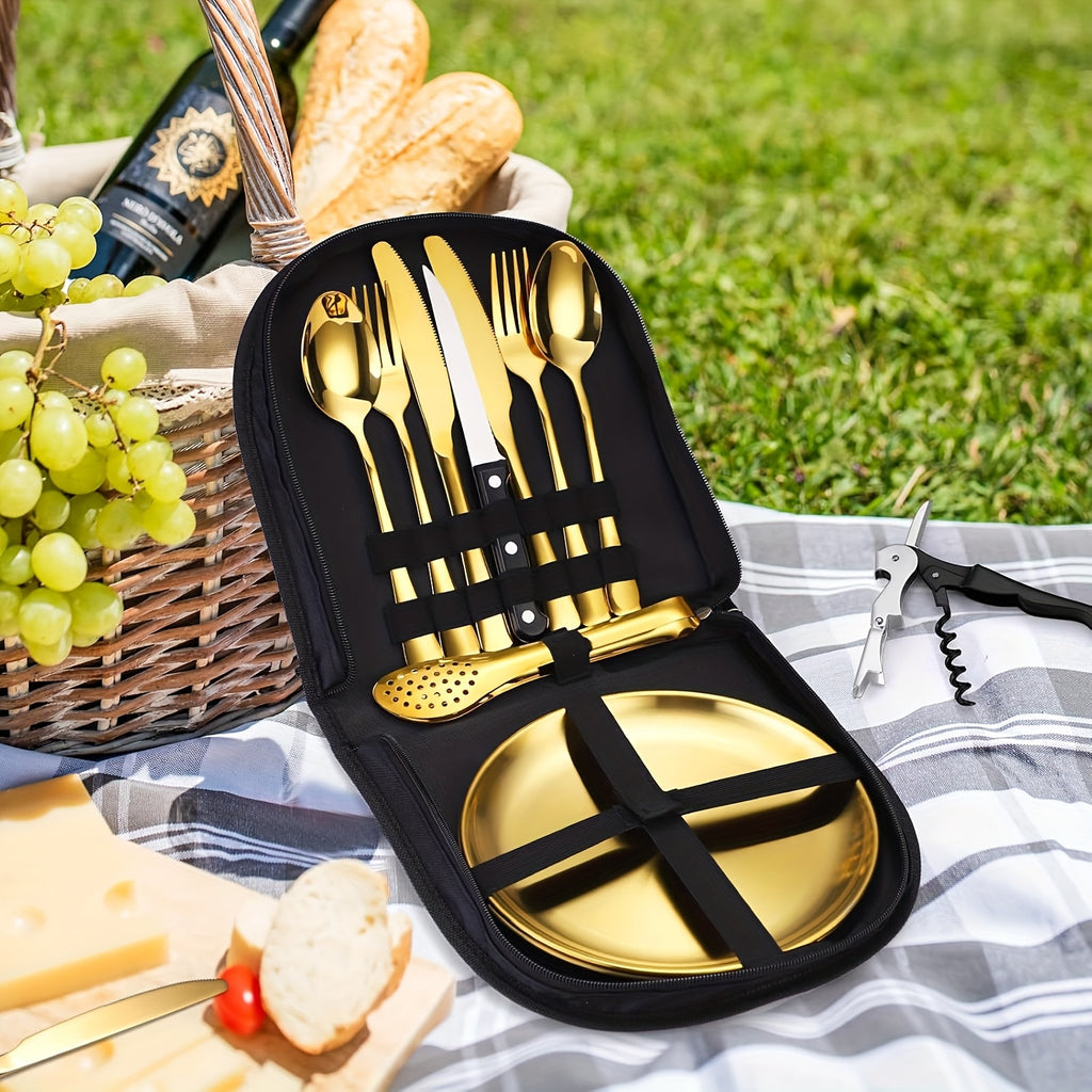 [Personalized Camping Set] Stainless Steel Personalized Camping Silverware Set | Knives, Forks, Spoons, Plates, Cutlery Storage Bags, Picnic Set, Plate Spoon Clip & Serrated Knife Bottle Opener - Golden and Silvery, Perfect for Thanksgiving