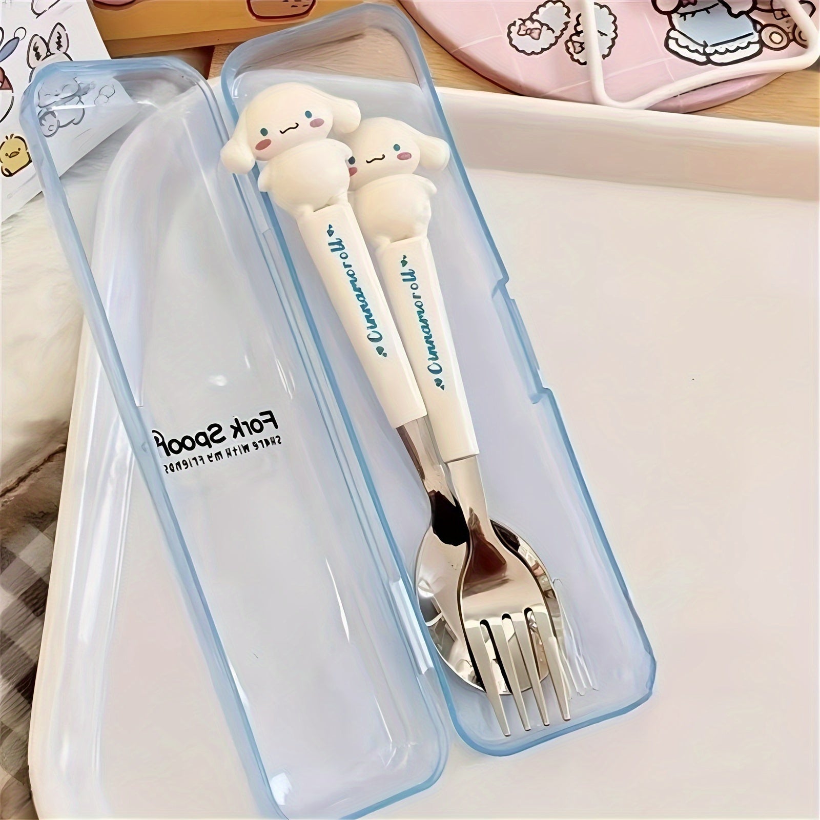 () Sanrio Cute Black Cat Maruko-chan and Hello Kitty Cartoon Spoon and Fork Set: Stainless Steel Kitchenware, 2pcs Set, Suitable for Restaurants and Food Trucks