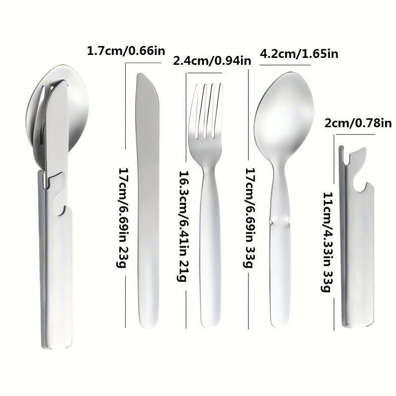 Personalized And Travel Friendly Stainless Steel Outdoor Cutlery Set with Knife, Fork, And Spoon - Including Bottle Opener, Four in One Stainless Steel Portable Camping And Travel Gear in Vintage Golden And Silvery Color