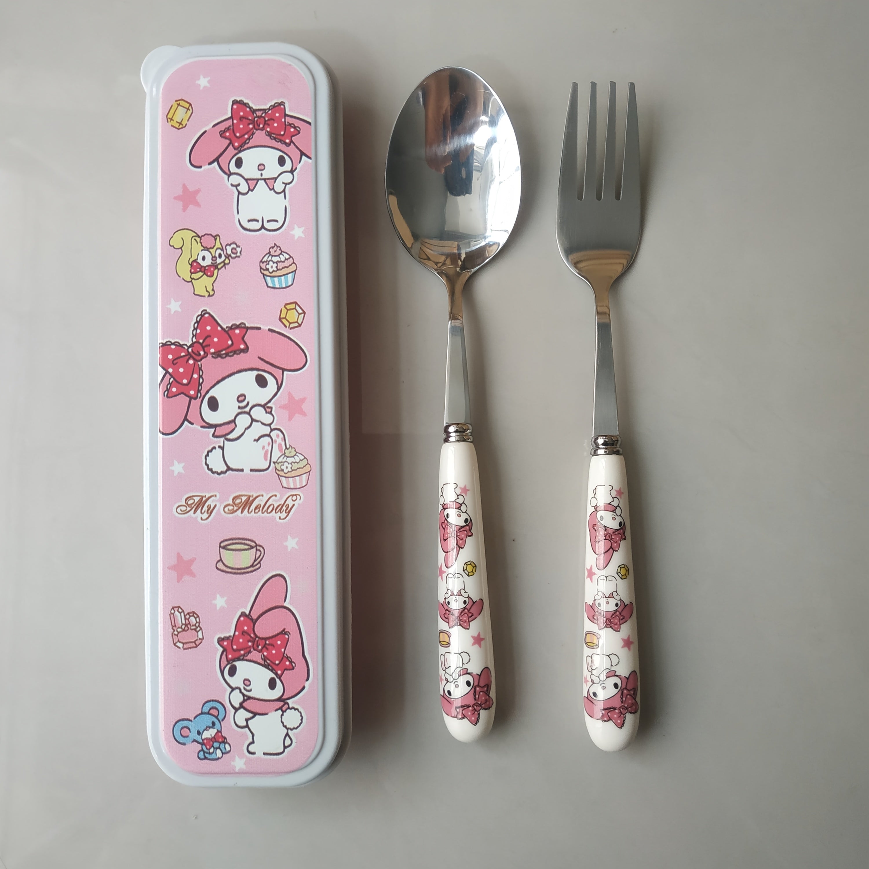 2pcs Sanrio Stainless Steel Tableware Set - Portable Travel Spoon & Fork, Polished Finish, Ideal for Picnics & Daily Use, Camping Utensils|Playful Design|Durable Utensils, Camping Essentials|Playful Design|Durable Utensils, Camping Essentials