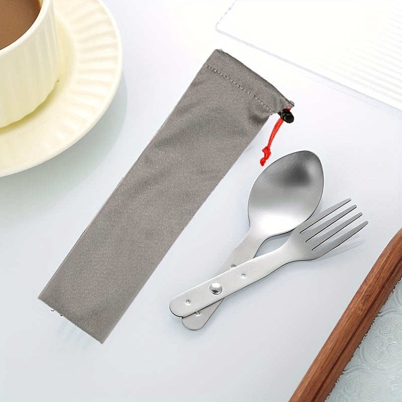 2pcs set, 2-in-1 multifunctional stainless steel cutlery with folding spoon and fork combo, perfect for hiking, camping, or backpacking trips