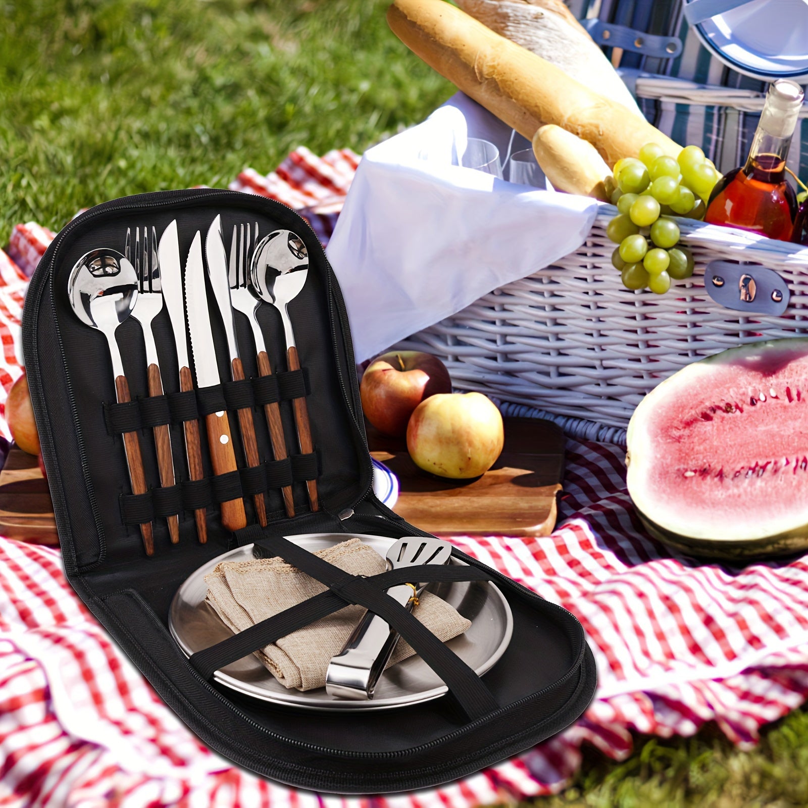 New Wood Grain Handle Tableware Mess Kit Cutlery For 2 Dinnerware Set - 12pcs Stainless Steel Utensils Set With Plate Spoon Fork Serrated Knife Cloth Napkins For 2, Backpacking, Outdoor Hiking Picnic