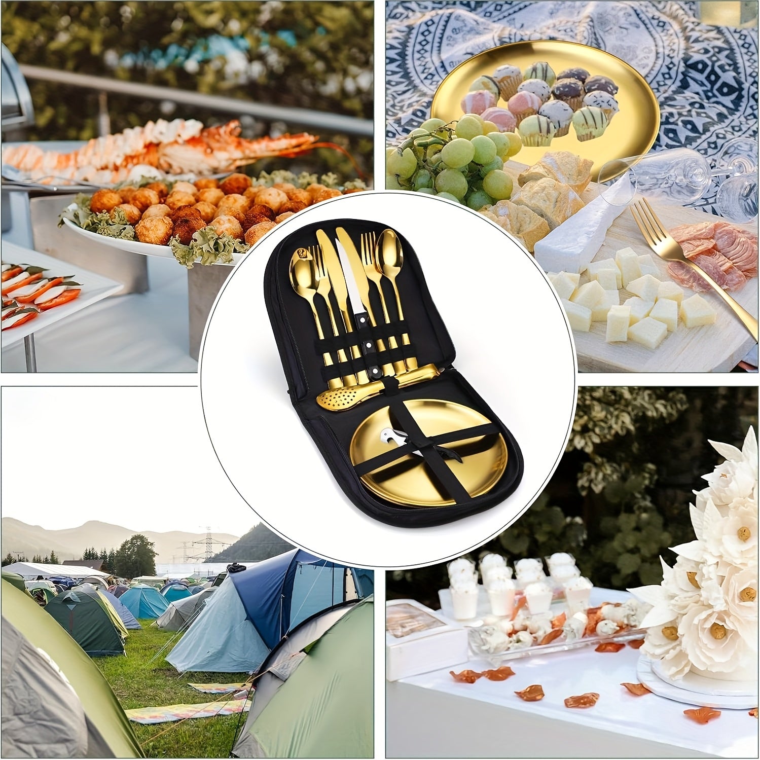 [Personalized Camping Set] Stainless Steel Personalized Camping Silverware Set | Knives, Forks, Spoons, Plates, Cutlery Storage Bags, Picnic Set, Plate Spoon Clip & Serrated Knife Bottle Opener - Golden and Silvery, Perfect for Thanksgiving