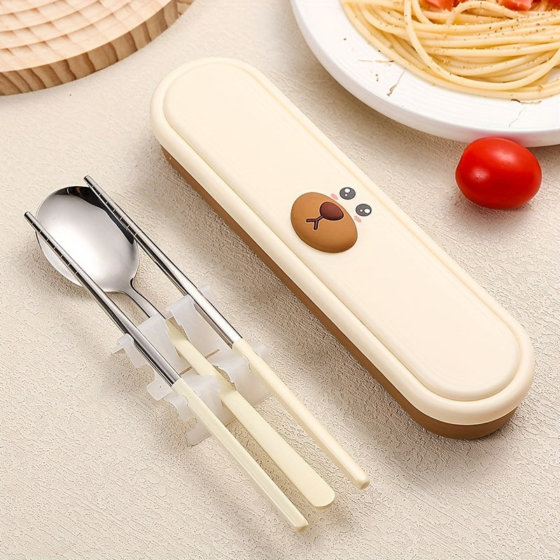 Portable Cutlery Set with Box, 2pcs Set and 3pcs Set Stainless Steel Reusable Tableware, with Fork, Spoon and Chopsticks Lunch Box, Cute Cartoon Pig, Little Duck, Bear Style Storage Box, Suitable for Lunch, Camping, School, Picnic, Workplace and Travel