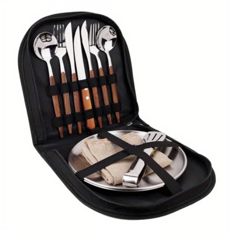 New Wood Grain Handle Tableware Mess Kit Cutlery for 2 Dinnerware Set 12pcs Stainless Steel Utensils Set with Plate Spoon Fork Serrated Knife Cloth Napkins for 2Backpacking Outdoor Hiking Picnic
