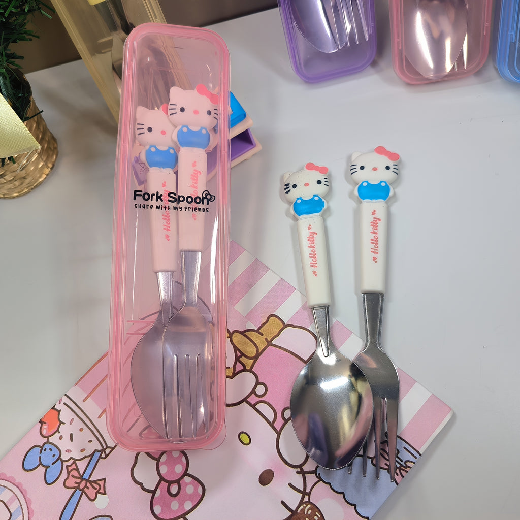 "SANRIO" 2pcs Stainless Steel Portable Cutlery Set, Cute Cartoon Cutlery Spoon And Fork, Outdoor Travel Spoon, Daily Office Or Home Essential Practical Items, Travel Portable, School Supplies, Student Prizes, Birthday Gifts, Easter