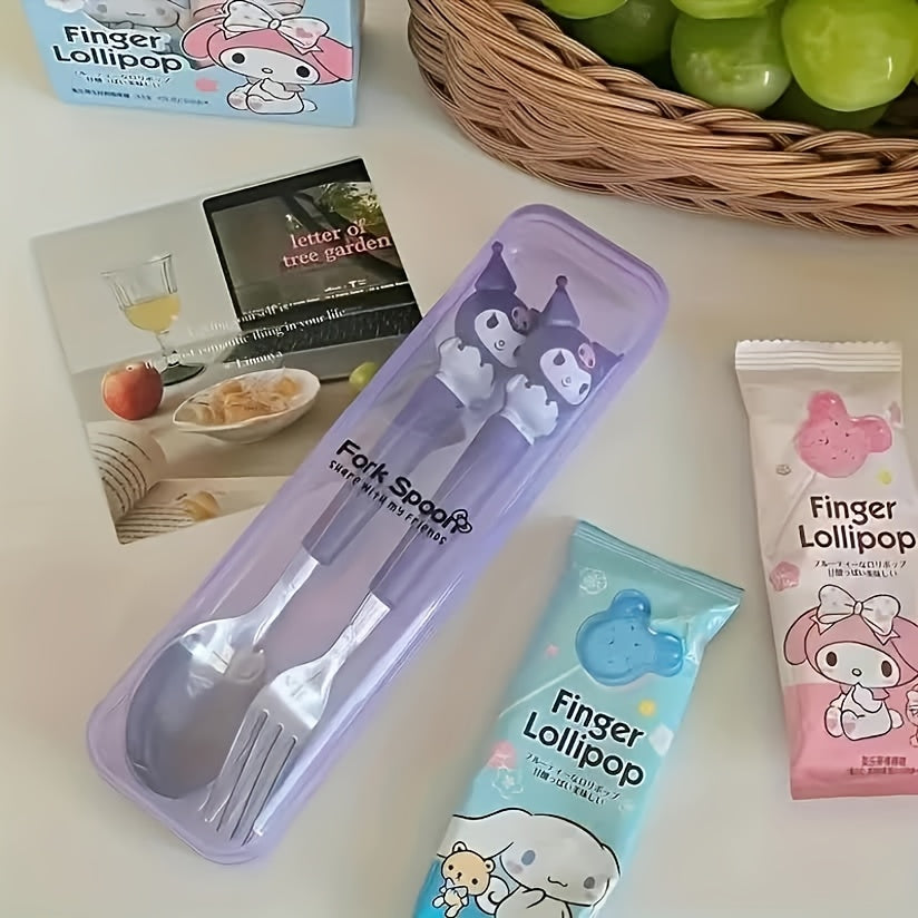 "SANRIO" 2pcs Stainless Steel Portable Cutlery Set, Cute Cartoon Cutlery Spoon And Fork, Outdoor Travel Spoon, Daily Office Or Home Essential Practical Items, Travel Portable, School Supplies, Student Prizes, Birthday Gifts, Easter