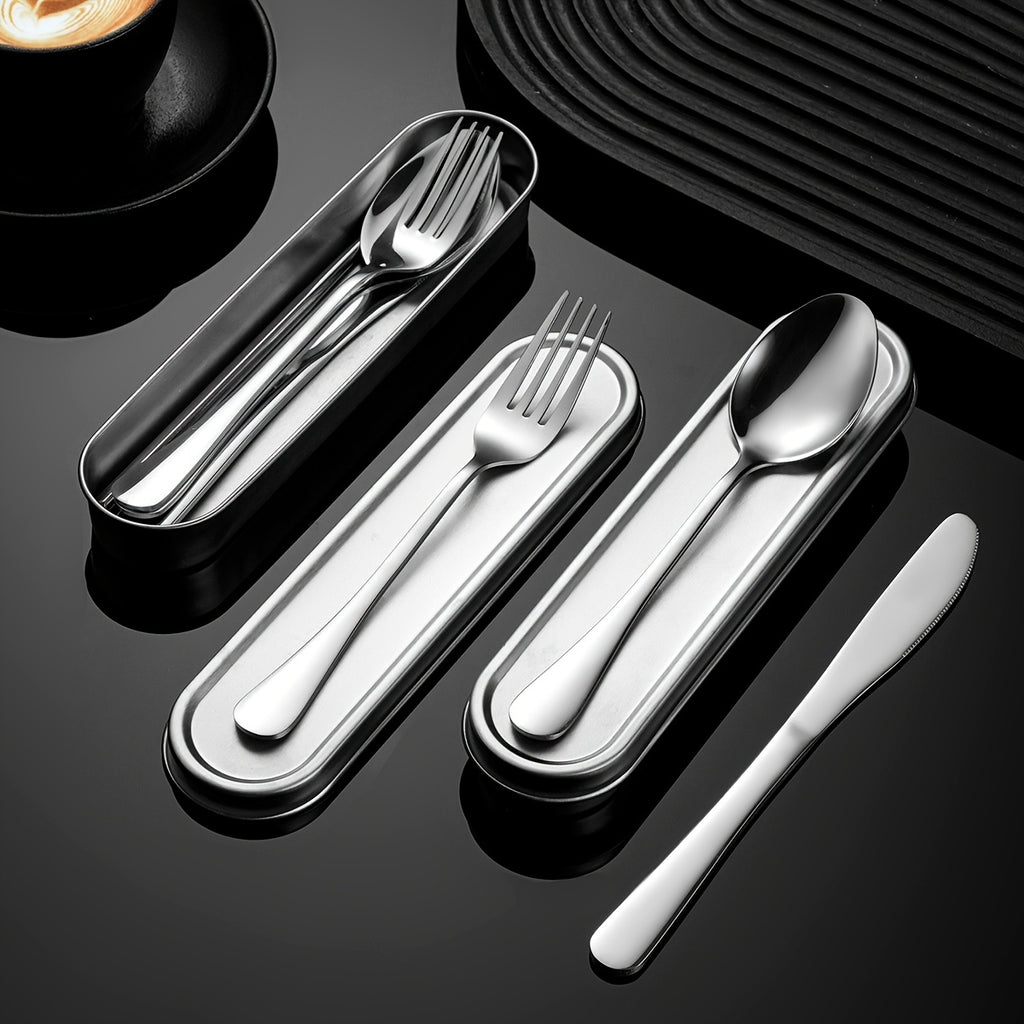 Customize your text with a 3/4pcs 304 Silvery stainless steel knives, forks, spoons, and portable cutlery boxes. The silverware set is easy to store, not damaged, and suitable for going out, picnicking, camping, outdoor activities, and school season