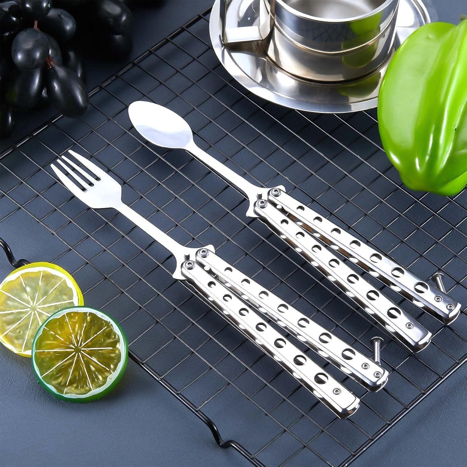 2pcs Flute And Butterfly Fork And Spoon Set, Tactical Butterfly Spoon Folding Stainless Steel Cutlery Set for Training, Suitable for Travel, Camping, Hunting, Barbecuing, And Kitchen Use (Silver Color)