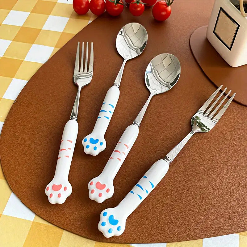 2pcs Stainless Steel Outdoor Cutlery Set with Cute Paw Design - Heavy-Duty Reusable Fork & Spoon, Portable Camping & Travel Utensils with Ergonomic Handle & Paw-Shaped Grip, Hygienic Easy-Clean for Picnics, Parties, Everyday Use - Ideal for Adults &