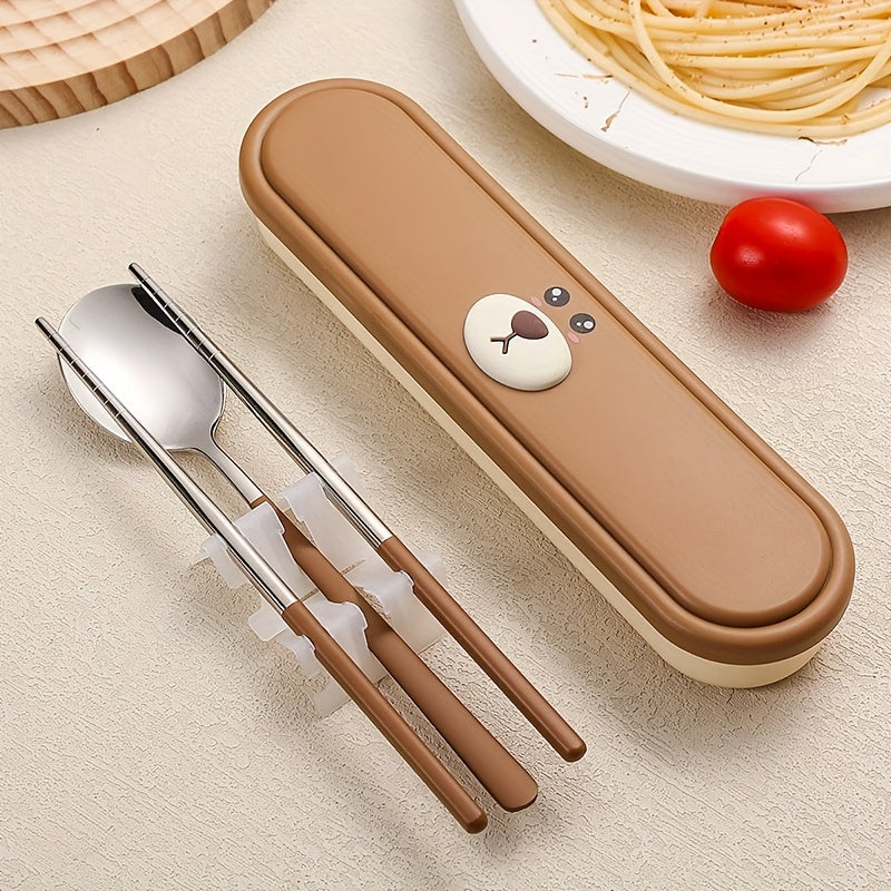 Portable Cutlery Set with Box, 2pcs Set and 3pcs Set Stainless Steel Reusable Tableware, with Fork, Spoon and Chopsticks Lunch Box, Cute Cartoon Pig, Little Duck, Bear Style Storage Box, Suitable for Lunch, Camping, School, Picnic, Workplace and Travel
