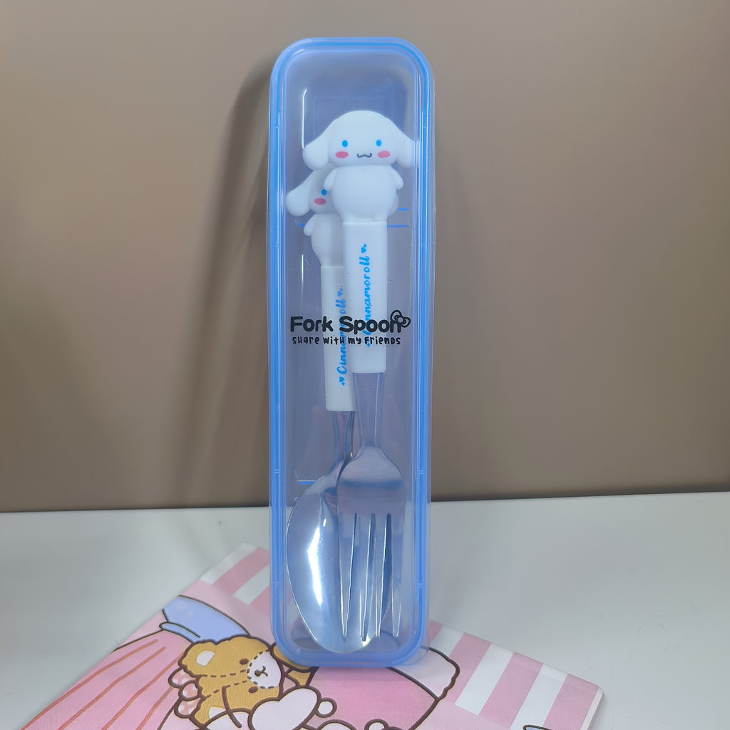 "SANRIO" 2pcs Stainless Steel Portable Cutlery Set, Cute Cartoon Cutlery Spoon And Fork, Outdoor Travel Spoon, Daily Office Or Home Essential Practical Items, Travel Portable, School Supplies, Student Prizes, Birthday Gifts, Easter