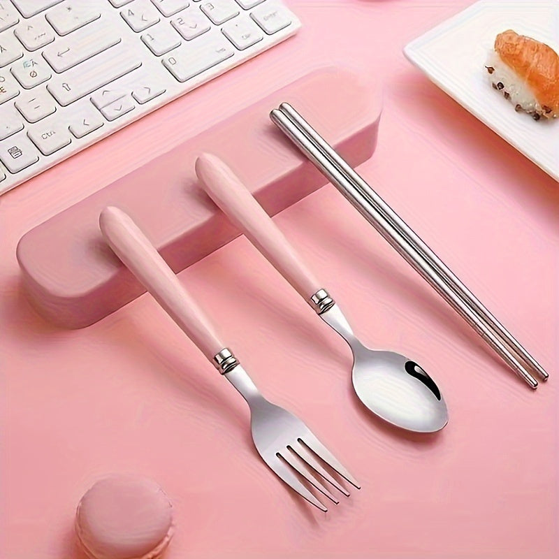 1 Set Stainless Steel Cutlery Set with Chopsticks, Forks, Spoons - Heavy-Duty 304 Stainless Steel, Polished Glossy Surface, Pastel Pink/White/Blue/Green/Beige, Compact Portable Tableware with Storage Case for Camping, Picnic, Travel, Everyday Use - Ideal