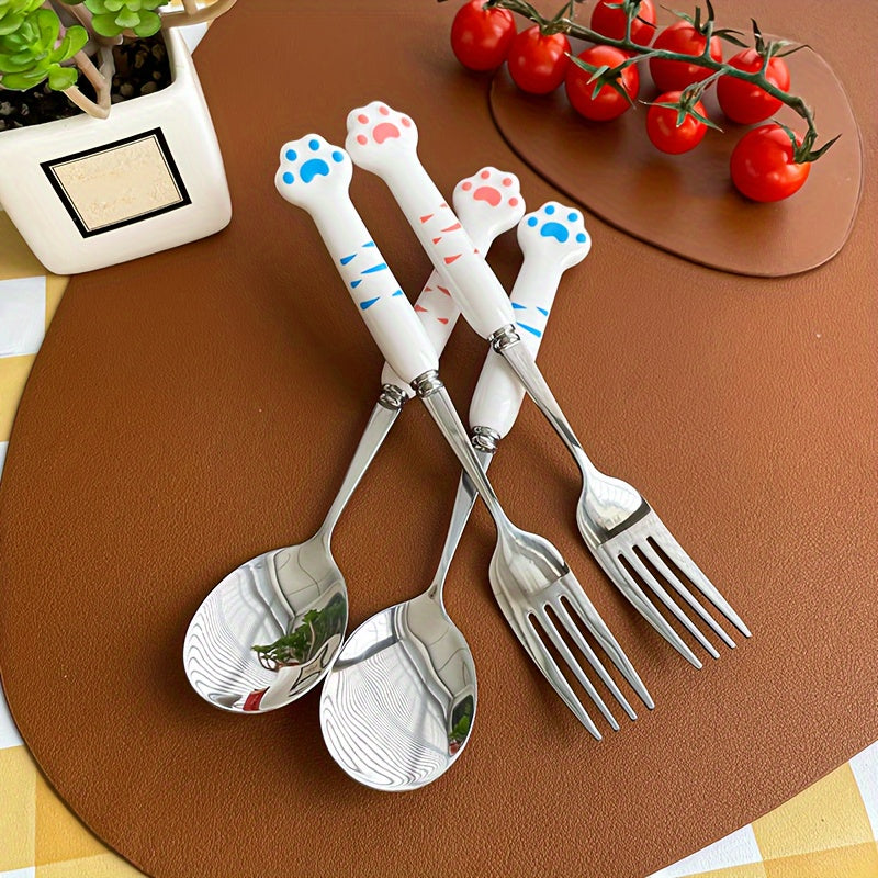 2pcs Stainless Steel Outdoor Cutlery Set - Portable, Reusable Fork & Spoon with Cute Cat Claw Box for Camping, Picnics & Travel