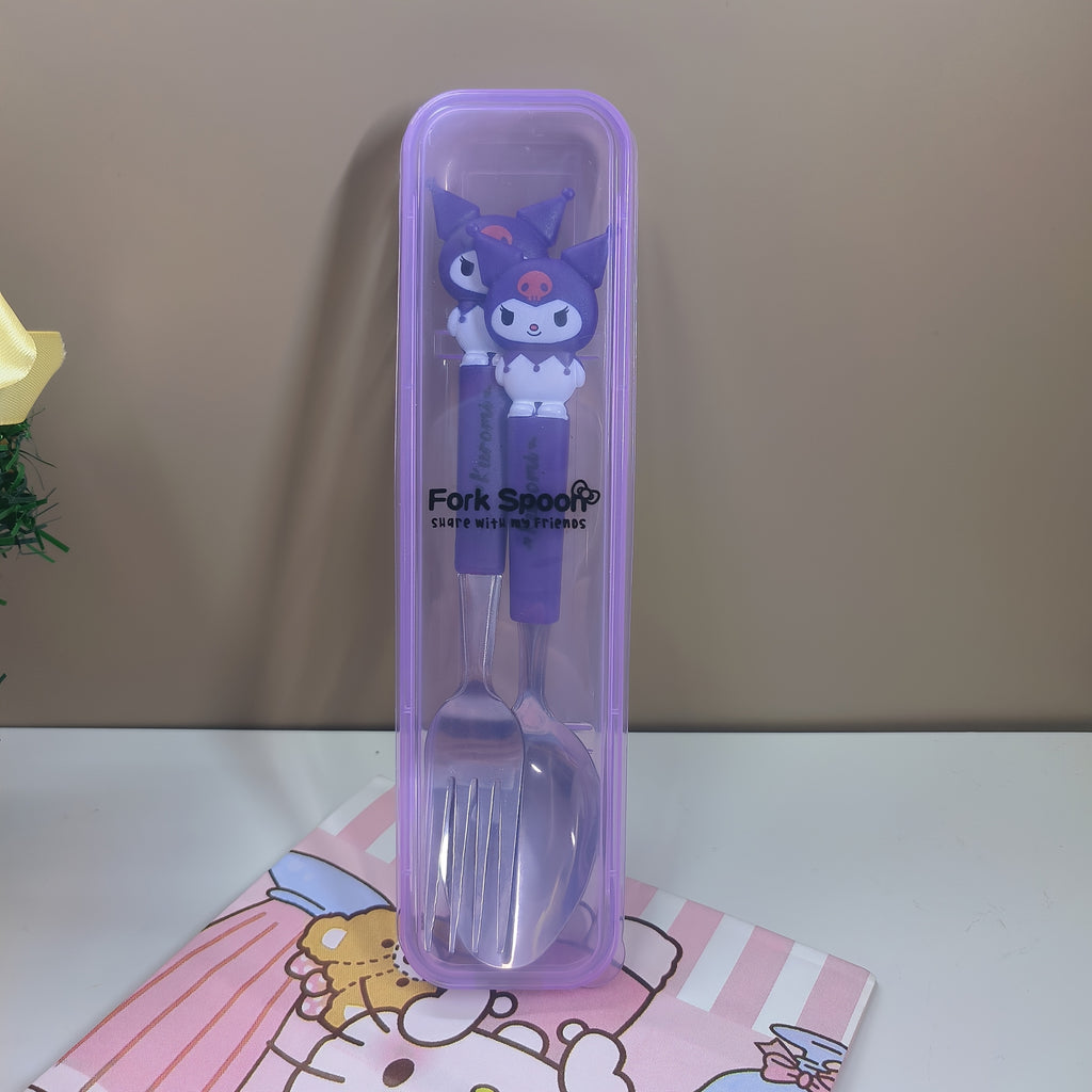 "SANRIO" 2pcs Stainless Steel Portable Cutlery Set, Cute Cartoon Cutlery Spoon And Fork, Outdoor Travel Spoon, Daily Office Or Home Essential Practical Items, Travel Portable, School Supplies, Student Prizes, Birthday Gifts, Easter