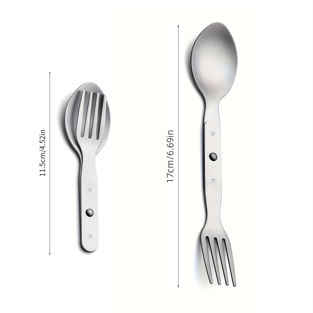 2pcs set, 2-in-1 multifunctional stainless steel cutlery with folding spoon and fork combo, perfect for hiking, camping, or backpacking trips