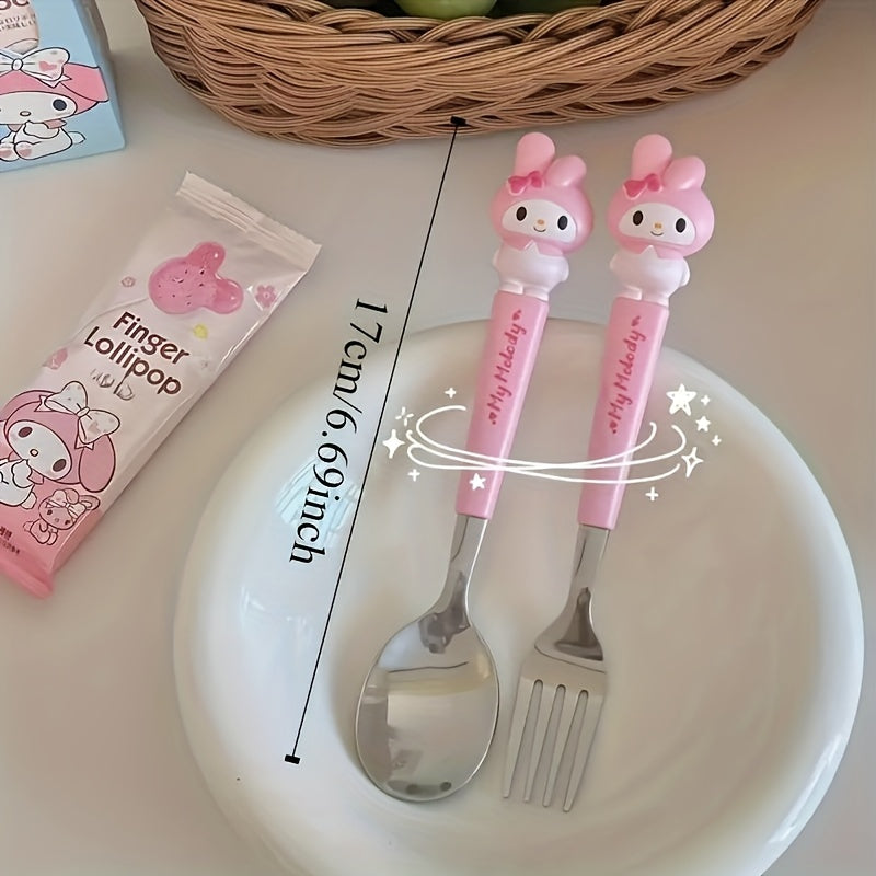 "SANRIO" 2pcs Stainless Steel Portable Cutlery Set, Cute Cartoon Cutlery Spoon And Fork, Outdoor Travel Spoon, Daily Office Or Home Essential Practical Items, Travel Portable, School Supplies, Student Prizes, Birthday Gifts, Easter